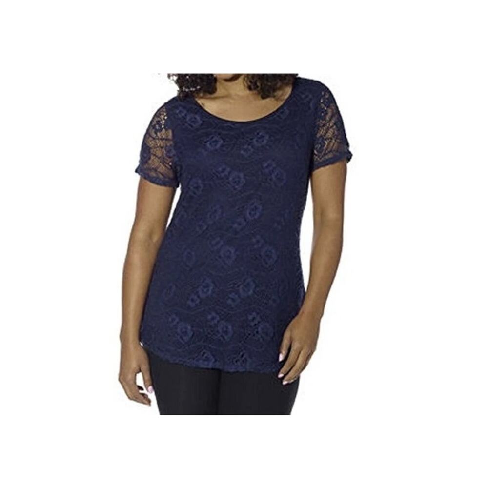 Leo & Nicole Lace Blouse Short Sleeve Navy Blue Size Large